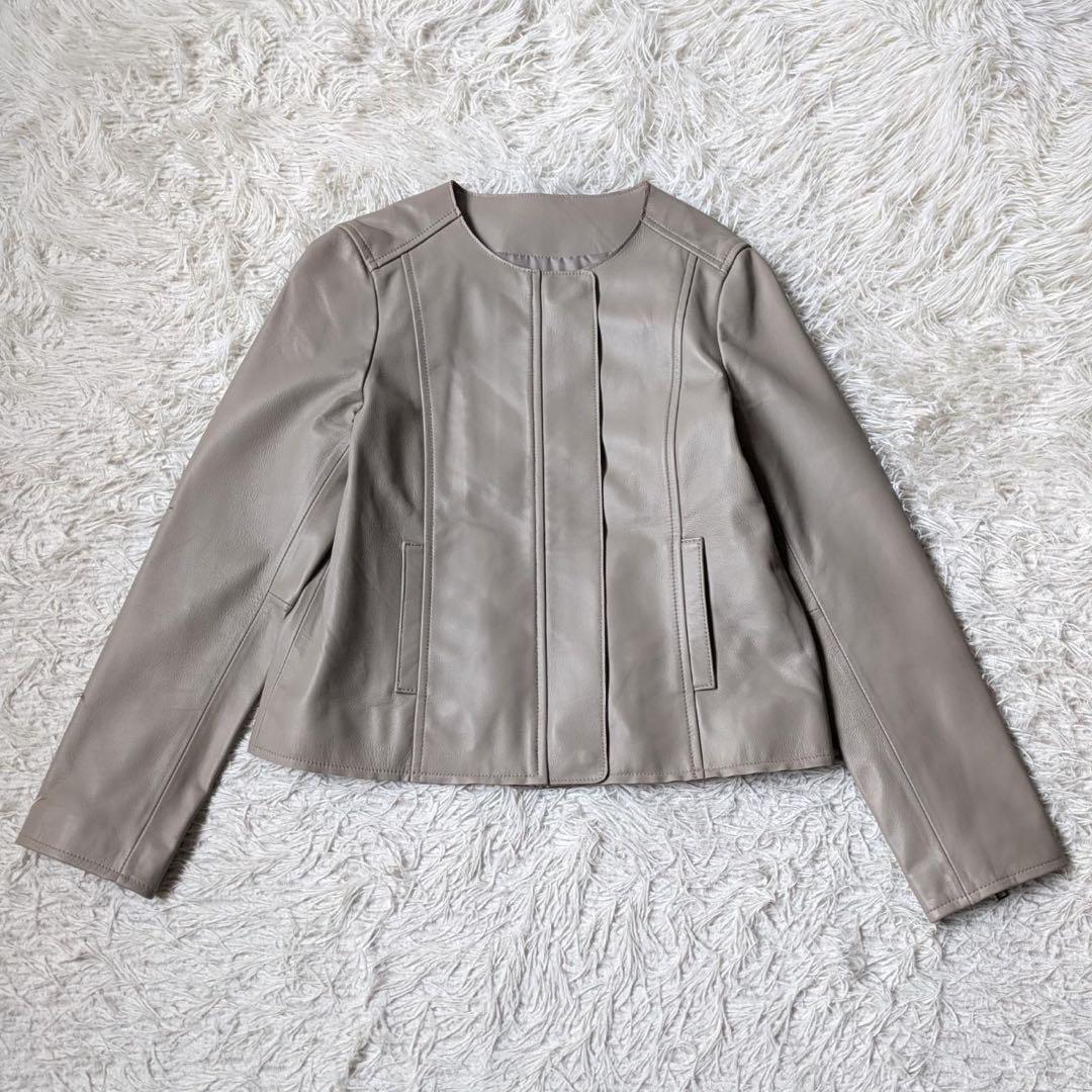 もりのがっこう　ラムレザーノーカラーブルゾン【ライトグレーベージュ】サイズL