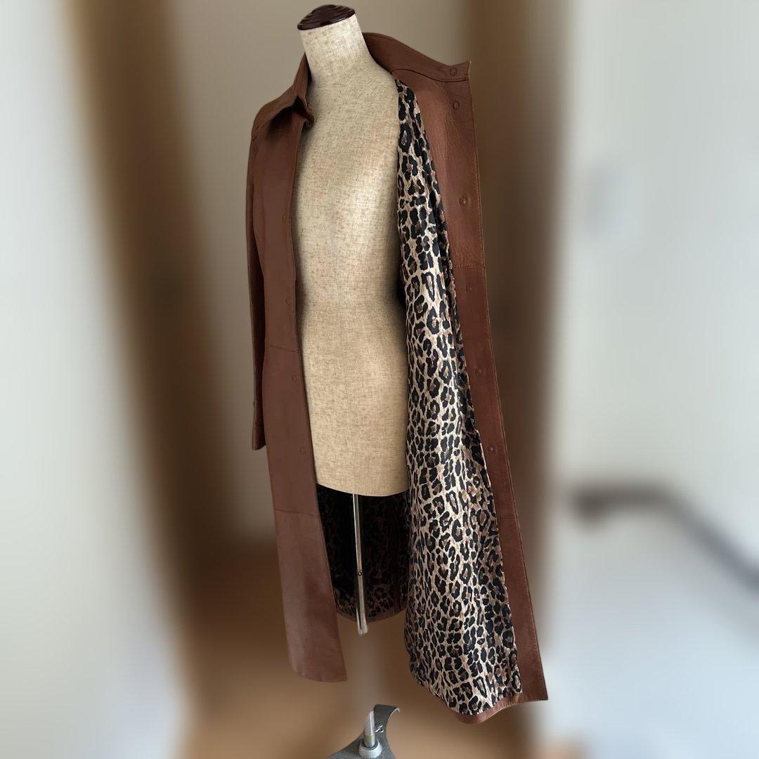 DOLCE&GABBANAブラウン レザー ロングコート ヒョウ柄裏地40M